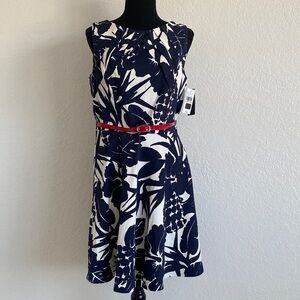 Alyx Black and White Floral Midi Dress with Red Belt